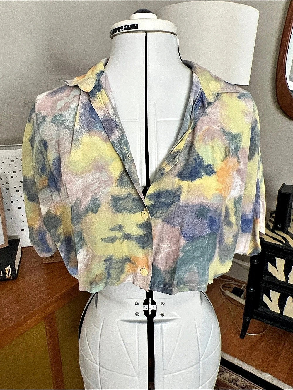 Up Cycled Abstract Cropped Button Front Top in Multicolor